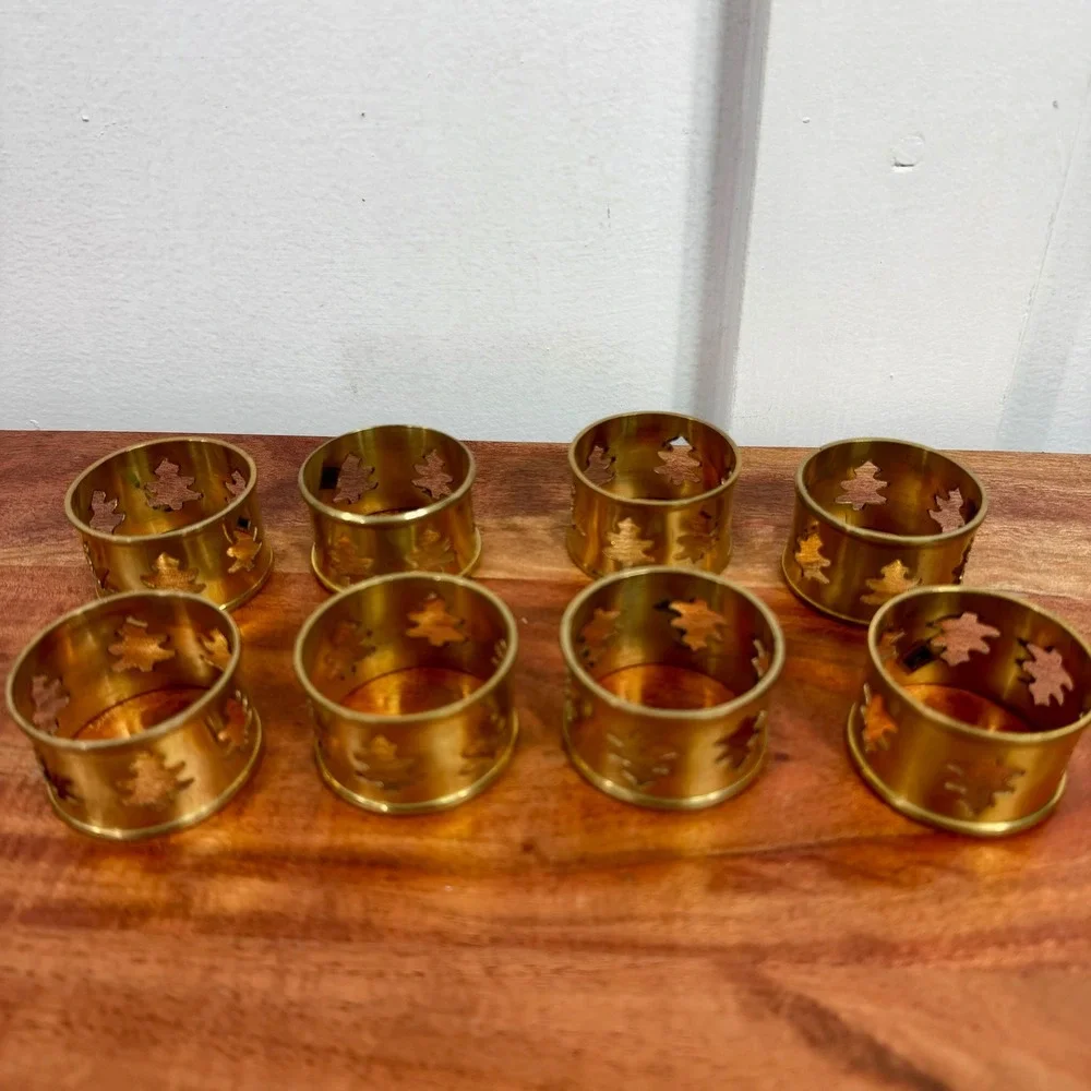 Set of 8 Brass Napkin‎ Rings Christmas Tree Cutout Made in India Table Decor